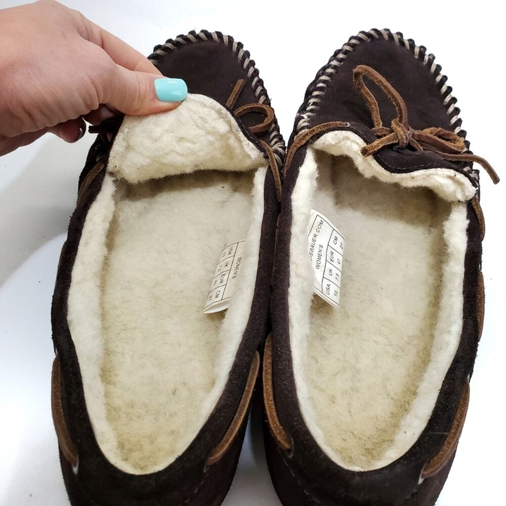 Eddie Bauer | Leather Moccasin Slippers Faux Sherpa Lining - Picture 8 of 10